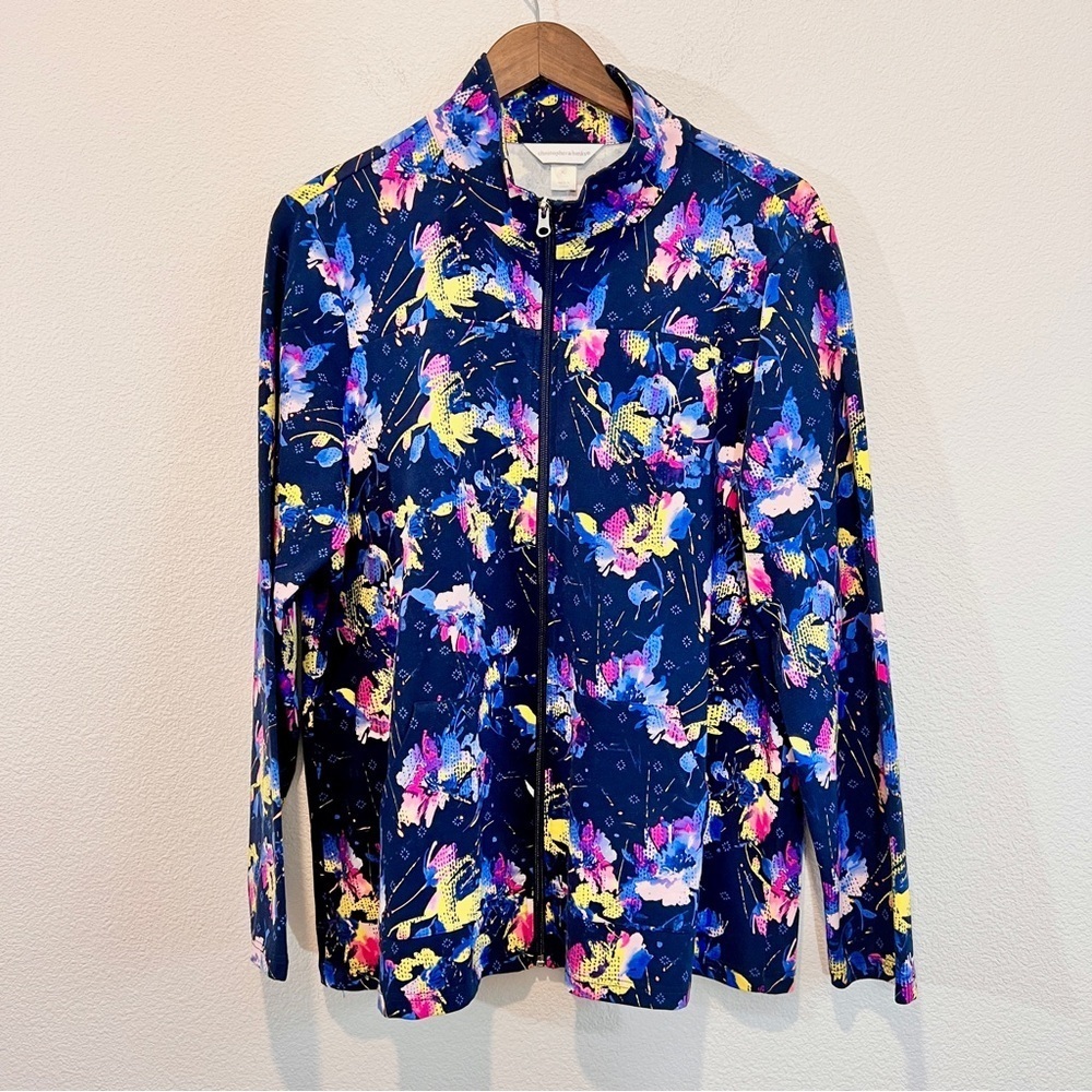 Christopher & Banks XL Floral Zip Jacket Navy Blue Cotton Spandex Travel Active